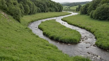 Et fredelig og rolig bilde av en liten beke eller elv som renner gjennom et landskap