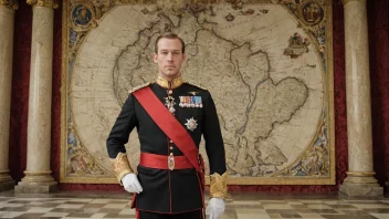 En storhertug, en adelsmann av høy rang, kledd i formelt antrekk, med en krone eller andre symboler på adel, stående foran en stor, ornamentert bygning eller et kart over et territorium.