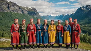 En gruppe samer i tradisjonelle klær, stående foran et naturskjønt norsk landskap.