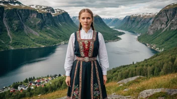 En person som er kledd i en tradisjonell norsk bunad, med et naturskjønt norsk landskap i bakgrunnen.