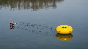 En fløtingsinnretning med en stor metallstruktur og et flytende materiale festet til den, som flyter på en rolig vannflate