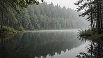 Et skogsvann med stille vann og noen trær rundt