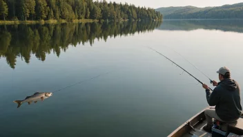 En person som fisker i en innsjø med en stor fangst.