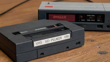 En gammel VHS-kassett med etikett på, på et trebord med en VHS-spiller i bakgrunnen.