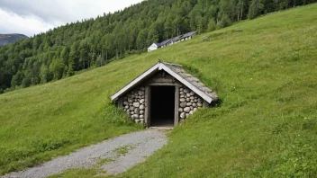 En jordgamme, en tradisjonell norsk jordkjeller, med torvtak og en liten inngang.