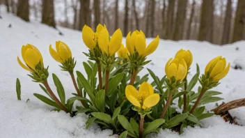 En vinterkåpe med gule blomster og grønne blader, som blomstrer i snøen.