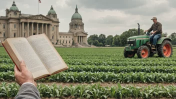 En bonde som arbeider i et jorde med en traktor, som symboliserer viktigheten av landbrukslovgivning i å regulere landbruket.