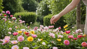 En person spreier blomster i en hage, med en fredelig og rolig atmosfære.