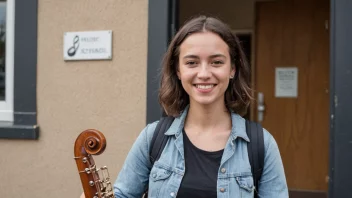 En musikkskolerektor som står foran en musikkskolebygning.