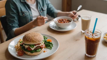 En person som sitter ved et bord med en tallerken mat, tar en pause fra å spise for å slappe av og nyte måltidet