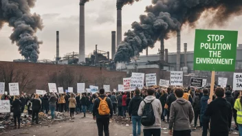 Et bilde som representerer begrepet miljøkriminalitet, med et forurenset miljø og mennesker som protesterer mot det.