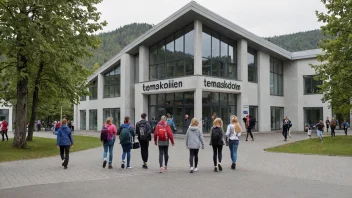 En skolebygning med en skilt som leser 'Temaskolen' på norsk, omgitt av studenter og lærere.