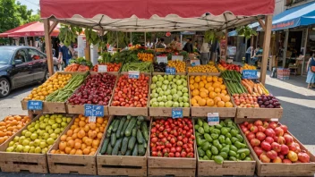 En fruktstand med en rekke ferske frukter og grønnsaker