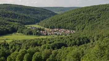 Et idyllisk landskap av en skog med en liten landsby i bakgrunnen