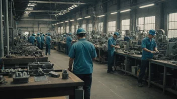 Et bilde av en fabrikk eller industriell setting med arbeidere i forgrunnen, som fremhever de kulturelle og sosiale aspektene ved industriell produksjon.