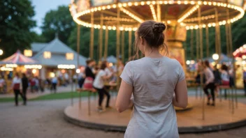 En person som føler seg svimmel, med en uskarp bakgrunn og et svakt bilde av en sving eller en karusell i bakgrunnen.