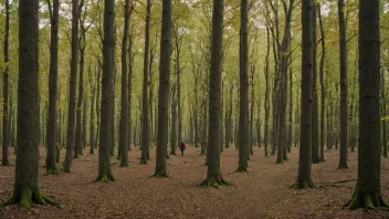 En fredelig skog med nøttebærende trær og mennesker som går gjennom den.