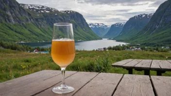 Et glass Bøverbrus på et bord med en naturskjønn utsikt over de norske fjellene i bakgrunnen.