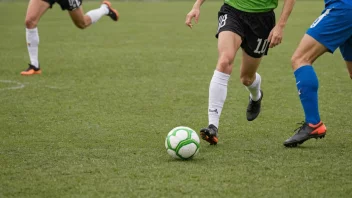 En fotballspiller dribler ballen forbi motstanderne på en grønn fotballbane.