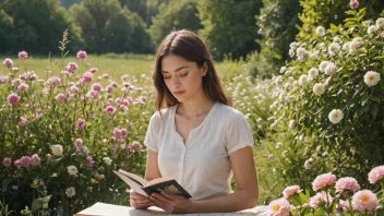 En person som leser poesi med en drømmende uttrykk, omgitt av blomster og et fredelig landskap.