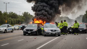 En bilulykke på en motorvei med politi, ambulanse og brannbiler som responderer.