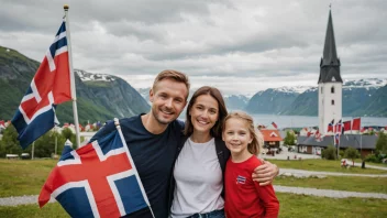 En familie med et barn, som smiler og omfavner hverandre, med norske flagg og landemerker i bakgrunnen