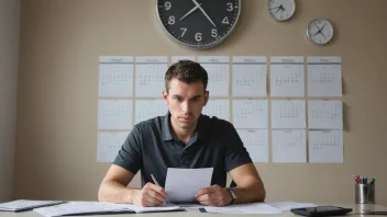 En person som sitter ved et skrivebord med en laptop og papirer, ser fokusert og bestemt ut, med en subtil bakgrunn av en klokke som tikker og en kalender på veggen.