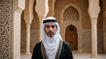 En person fra en ikke-arabisk kultur, med en subtil bakgrunn av arabisk arkitektur eller mønster.