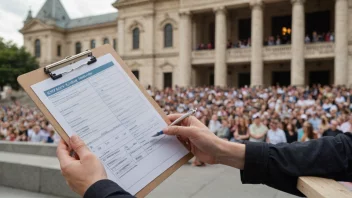 En person som holder en clipboard med en turnéliste, med en scene eller konsertsal i bakgrunnen.