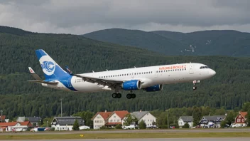 Et Widerøes-fly på rullebanen, med et naturskjønt norsk landskap i bakgrunnen.