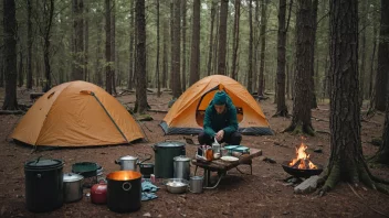 En person i skogen, ser på en liten, organisert leirplass.