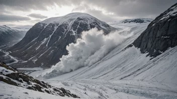 Et kraftig snøskred eller jordskred i et norsk fjellandskap, med snø og rasmasser som raser ned fjellsiden.