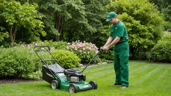 En gresser i en grønn uniform, holder en gressklipper og står i en frodig grønn hage.