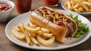 En deilig grillpølse i en bolle med ketchup og sennep, samt en side med salat og chips.