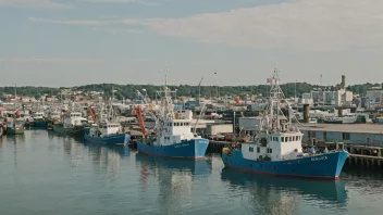 En fiskeindustribedrift med en stor båt og flere mindre båter i en travel havn.