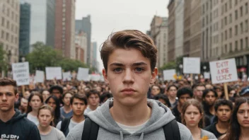 En ung person med en sterk følelse av opprør, stående foran en by med en protestmarsj i bakgrunnen.