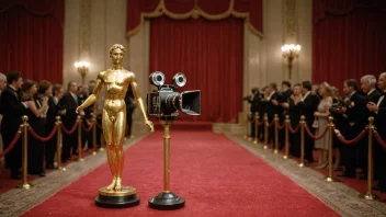 En gyllen Oscar-statue på en rød løper med et filmkamera i bakgrunnen