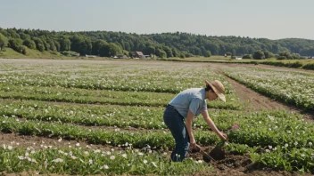 En person som arbeider i et felt med en sesongbetont landskap i bakgrunnen.