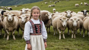 En ung jente i tradisjonell norsk klesdrakt, omgitt av sau eller kuer i et landlig landskap.