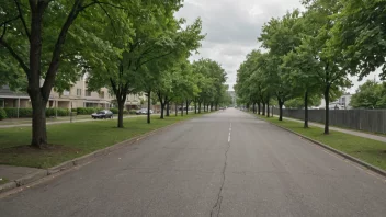 En vakker gate med frodig grøntarealer og trær langs fortauet.