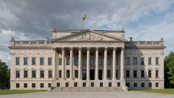 En regjeringsbygning med et flagg som vifter foran, symboliserer det nasjonale nivået av styring.