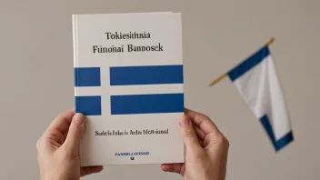 En person som holder en bok skrevet på finsk, med et finsk flagg i bakgrunnen.