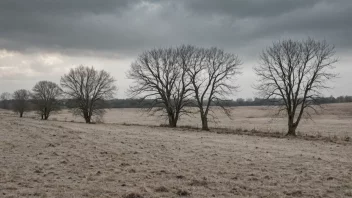 Et grått og kaldt landskap med noen få bare trær og en skyet himmel