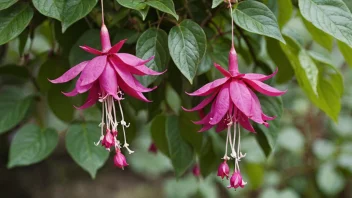 En vakker fuksia med livlige hengende blomster og frodige grønne blader.