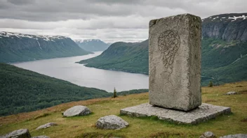 En bautastein står i en grønn eng med et fjellmassiv i bakgrunnen.