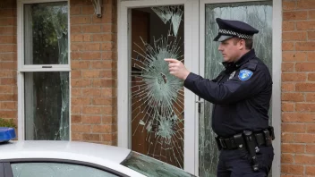 En politibetjent i en lys gul vest kneler ved siden av en ødelagt dør, og undersøker skaden. Døren henger løst på sine hengsler, og det er knust glass over hele gulvet.