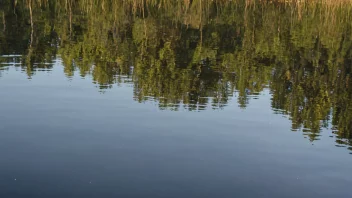 Lys som reflekteres av en rolig innsjø, og skaper en glitrende effekt på vannoverflaten.