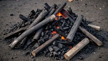 En bålrest med aske og uforbrent ved etter at bålet har brent ut.