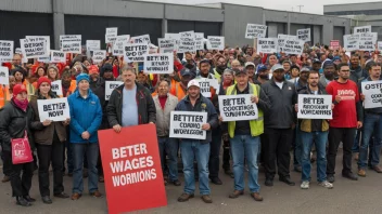 En gruppe arbeidere som protesterer utenfor en fabrikk, og krever bedre lønn og arbeidsforhold.