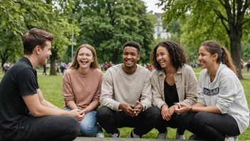 En gruppe unge mennesker fra ulike etniske bakgrunner samlet i en park i Oslo, lar og pratet sammen.